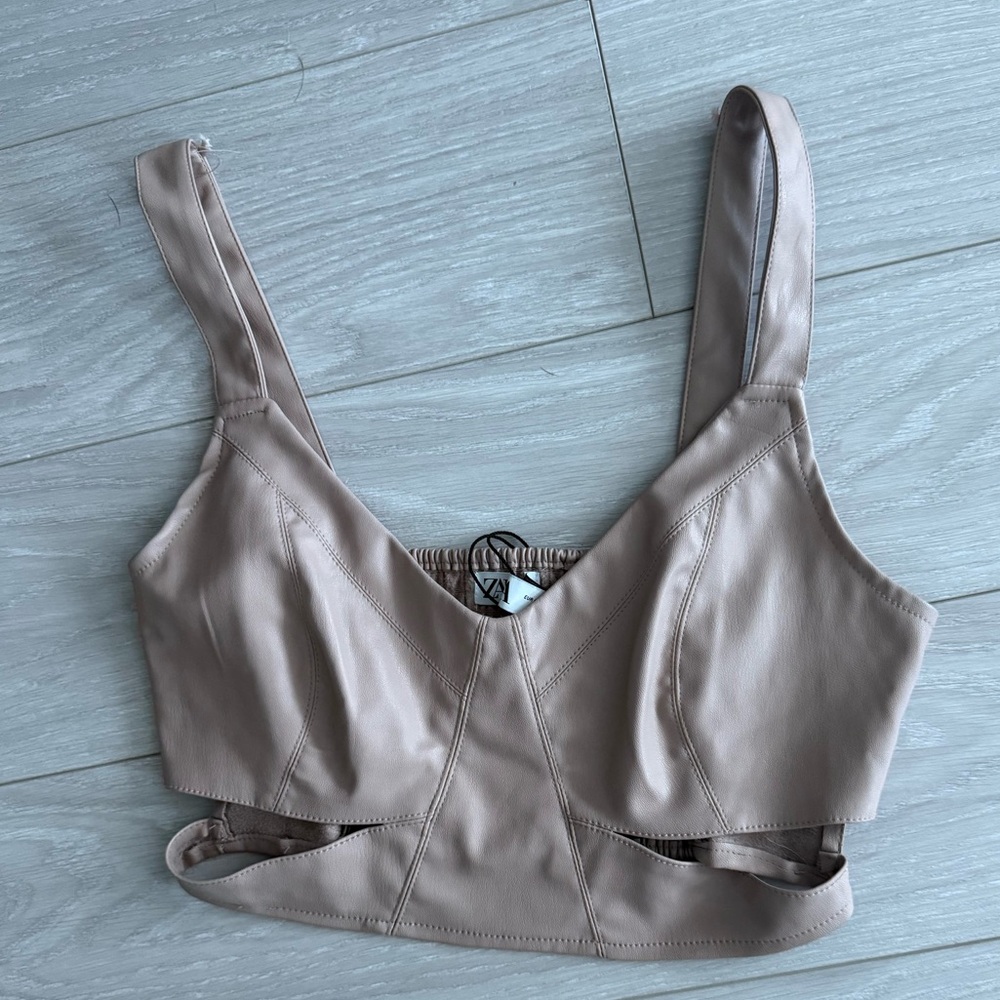 Zara Nude Beige Faux Leather Crop Top